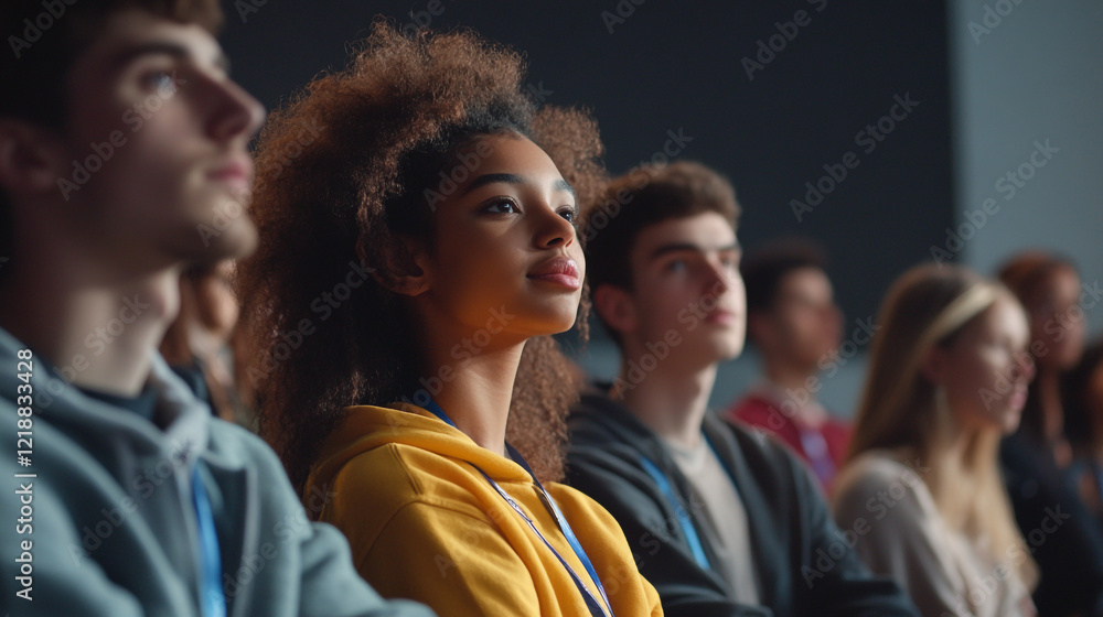 Fototapeta premium Attentive Young Woman Listening Conference Diverse Group Students girl youth focus people school 