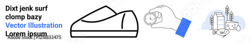 Black and white shoe outline, hand holding a clock symbol, dairy products with wheat elements. Ideal for product categories, timing, dairy, minimal design, black and white style, vector icons