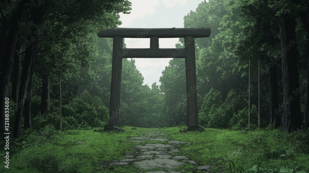 Stone path leads to a wooden torii gate in a misty forest. Stone path leads to a wooden torii gate in a misty forest.