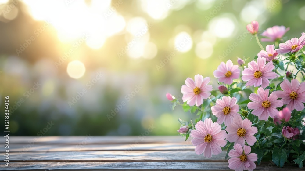 Beautiful Blooming Flowers in Soft Sunlight, Nature's Colorful Display, Peaceful Outdoor Setting with Blurred Background and Sunshine Beautiful Blooming Flowers in Soft Sunlight, Nature's Colorful Display, Peaceful Outdoor Setting with Blurred Background and Sunshine
