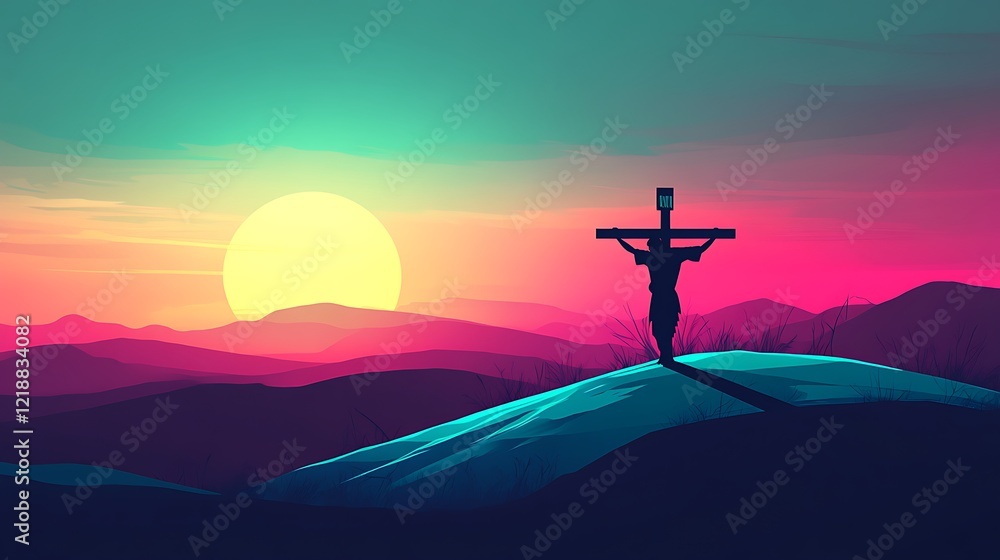 With a glowing horizon and room for text, this minimalist banner style portrays Jesus Christ bearing the cross. With a glowing horizon and room for text, this minimalist banner style portrays Jesus Christ bearing the cross.