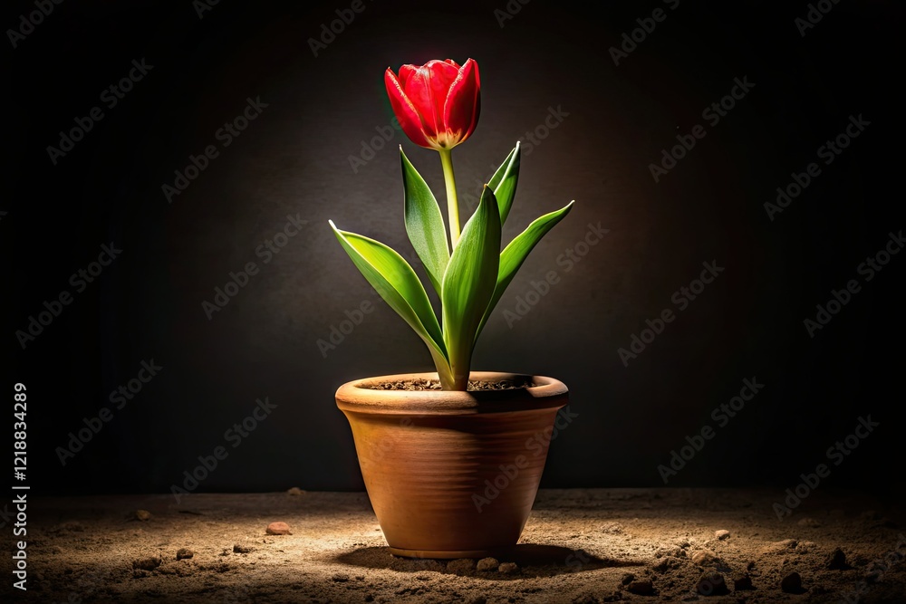Deep red tulip, nestled in a terracotta pot, blooms dramatically against a stark white backdrop in the night. Deep red tulip, nestled in a terracotta pot, blooms dramatically against a stark white backdrop in the night.