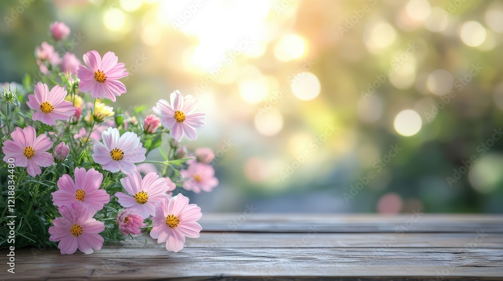 Beautiful Pink Flowers on Wooden Table with Soft Focus Background and Gentle Light for Nature, Spring, or Floral Designs Beautiful Pink Flowers on Wooden Table with Soft Focus Background and Gentle Light for Nature, Spring, or Floral Designs
