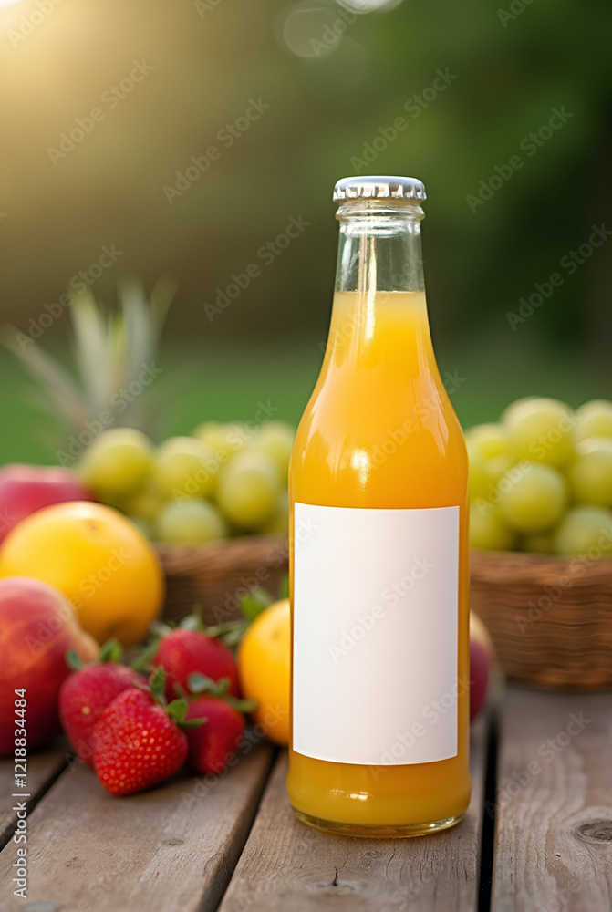 MOCKUP - blank product label on a bottle of juice placed on a rustic picnic table with fresh fruits around MOCKUP - blank product label on a bottle of juice placed on a rustic picnic table with fresh fruits around