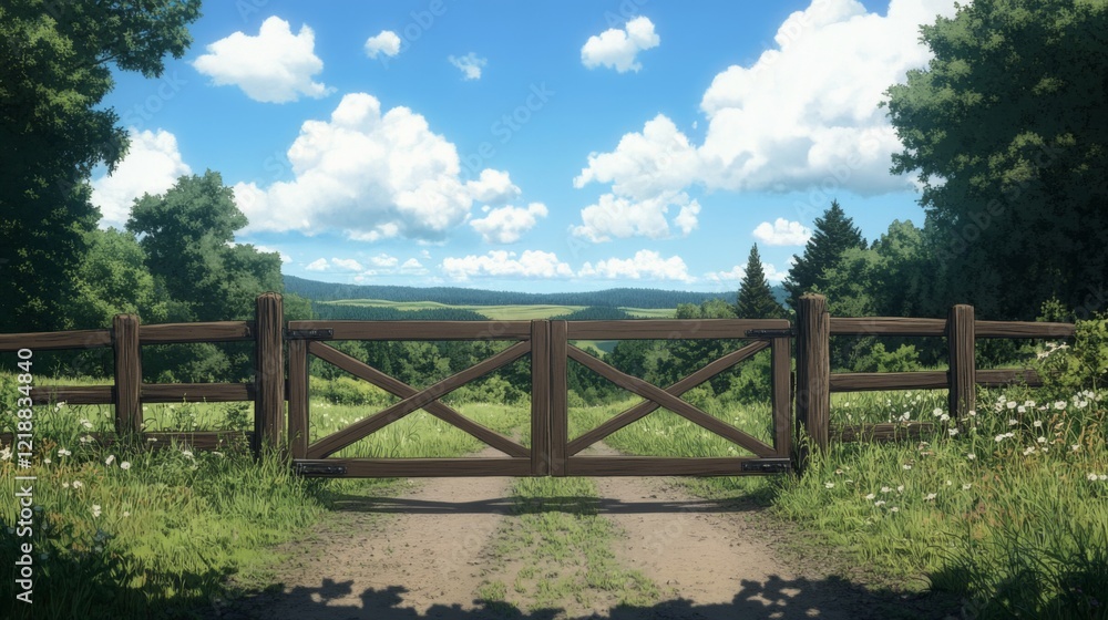 Wooden gate opens to scenic rural landscape with lush green fields, trees, and distant mountains under a bright sunny sky. Wooden gate opens to scenic rural landscape with lush green fields, trees, and distant mountains under a bright sunny sky.