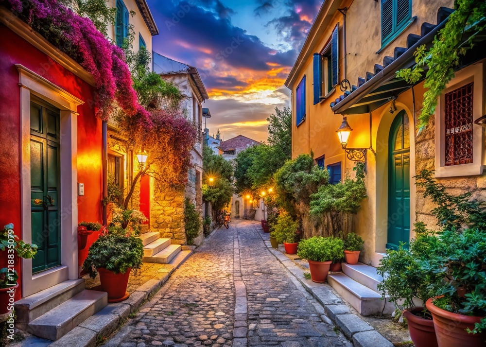 Fototapeta premium Athens Plaka Old Street Panoramic View AI Photo, Ancient Greek Architecture, Historical Street Scene