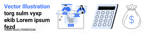 People shopping online, a calculator, and a money bag with a dollar sign. Ideal for e-commerce, online transactions, financial planning, budgeting, digital business, retail marketing and internet