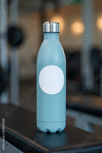 MOCKUP - blank sticker on a water bottle placed on a gym bench