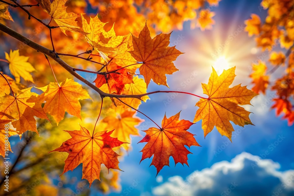 Autumn Maple Branch Against Sunny Sky - Fall Foliage Autumn Maple Branch Against Sunny Sky - Fall Foliage