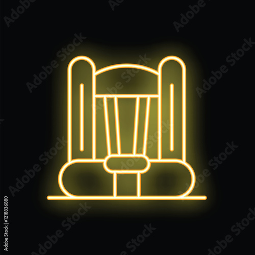 Neon sign representing a bouncy castle glowing yellow on a black background