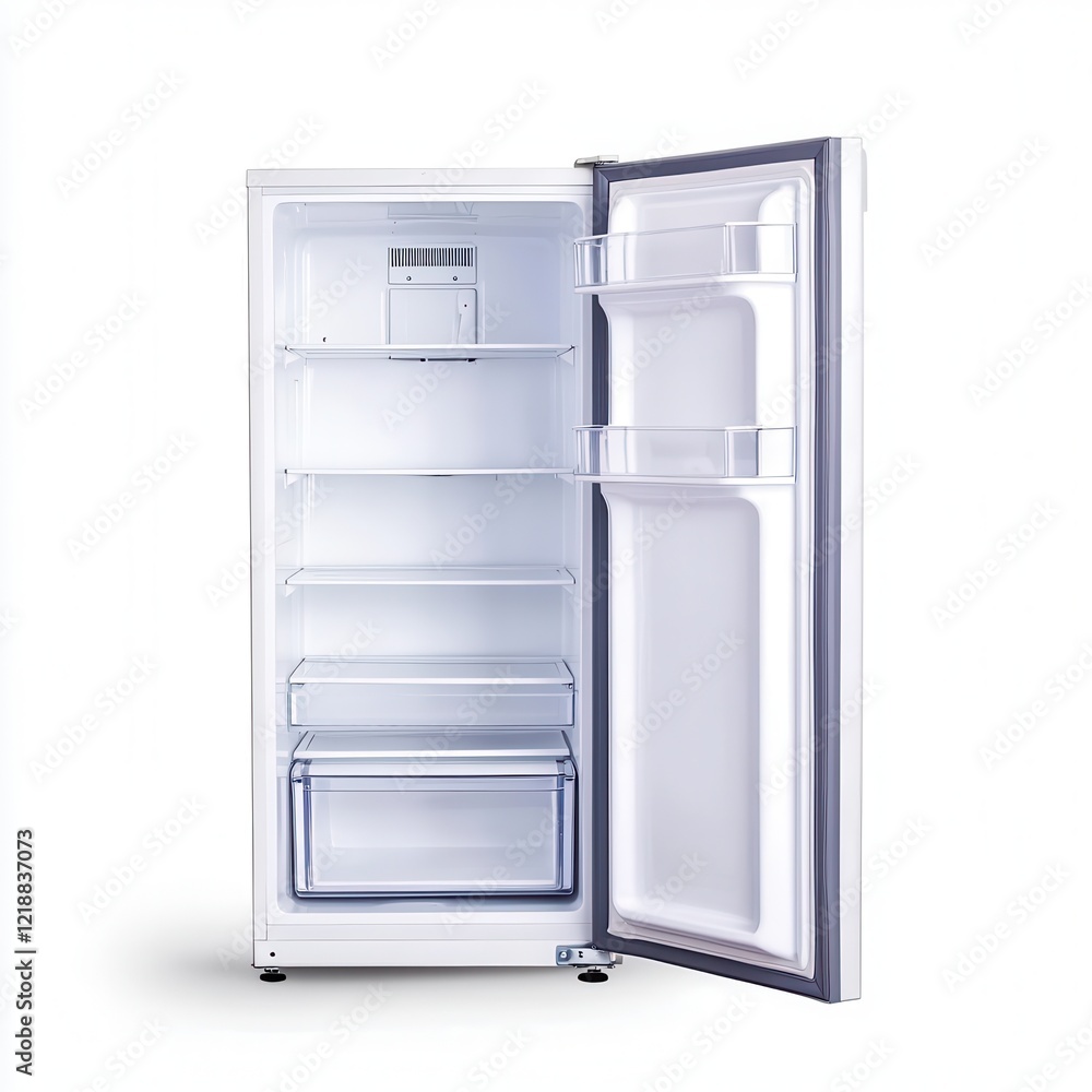 Empty White Refrigerator with Open Door Clean Interior Modern Kitchen Appliance Empty White Refrigerator with Open Door Clean Interior Modern Kitchen Appliance