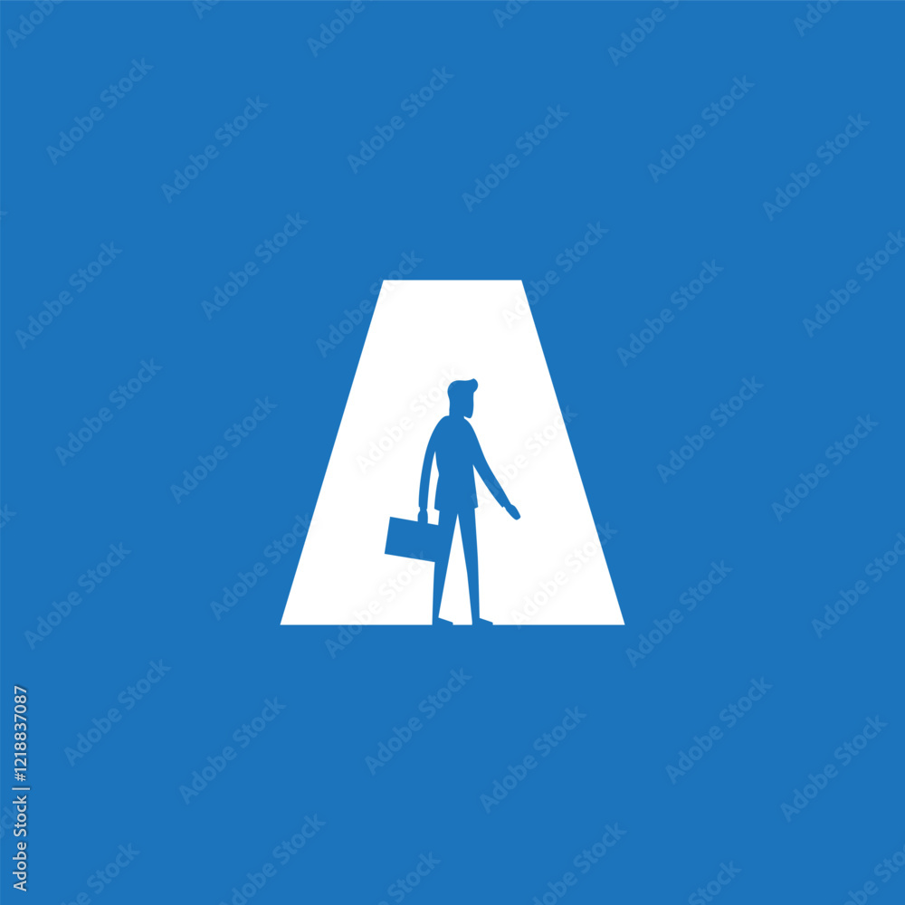Logo with letter A and a silhouette of businessman in a suit with a suitcase inside letter. Dynamic pose. Logo with letter A and a silhouette of businessman in a suit with a suitcase inside letter. Dynamic pose.