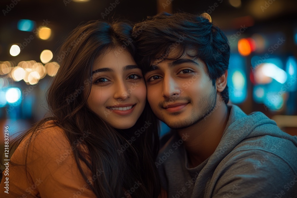 Smiling couple embraces in a cozy cafe during a warm evening filled with soft lights and happy moments Smiling couple embraces in a cozy cafe during a warm evening filled with soft lights and happy moments