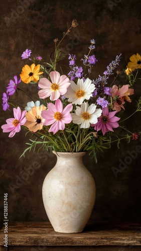 Wallpaper Mural Vibrant Cosmos Lavender Bouquet in Rustic Ceramic Vase Still Life Photography Torontodigital.ca