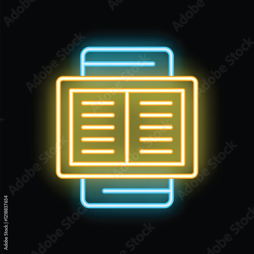 This neon sign evokes the concept of digital reading with an ebook reader displaying an open book