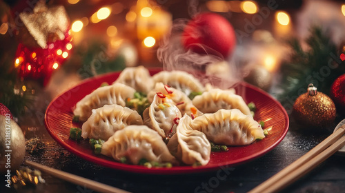 Dumplings on red plate with festive ornaments and chopsticks surrounded by glowing lanterns: Lunar New Year
