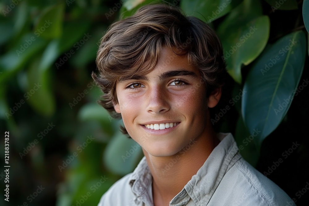 Young man smiling in natural setting surrounded by greenery during daylight hours Young man smiling in natural setting surrounded by greenery during daylight hours