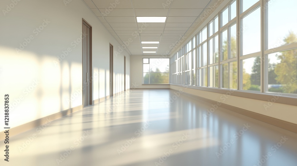 Fototapeta premium Bright and Spacious Hallway with Sunlight Streaming Through Large Windows in a Modern Building
