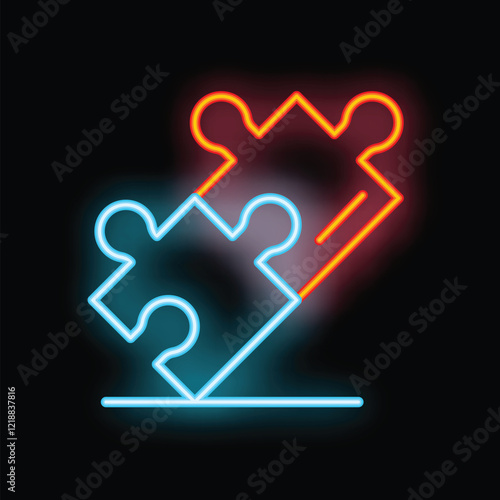 Two neon puzzle pieces connecting on a black background representing the concept of teamwork