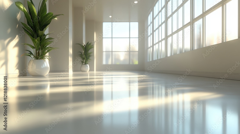 Fototapeta premium Spacious and Bright Empty Hallway with White Walls, Natural Light, and Potted Green Plants for Modern Interior Design Inspiration