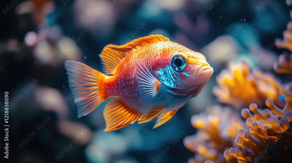 Orange fish swimming coral reef aquarium background Orange fish swimming coral reef aquarium background