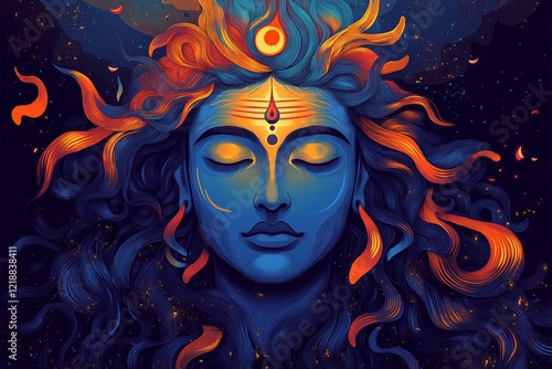 Breathtaking depiction of a serene deity with vibrant colors and mystical ambiance under a starry night sky