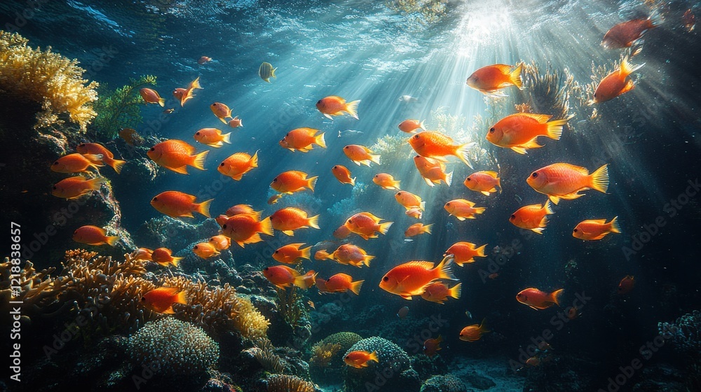 Sunlight Dappled Coral Reef Fish School Sunlight Dappled Coral Reef Fish School