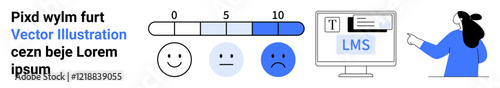 Rating scale from 0 to 10, happy to sad faces, text placeholder, instructor pointing at LMS on computer screen. Ideal for education platforms, training materials, student feedback, user experience