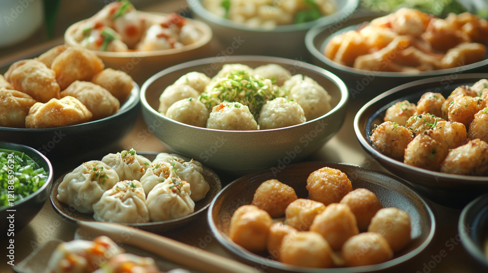Delicious Asian Food Variety Bowls Tasty Dumplings Spring Rolls Eat Meal Lunch Plate Table Image Delicious Asian Food Variety Bowls Tasty Dumplings Spring Rolls Eat Meal Lunch Plate Table Image