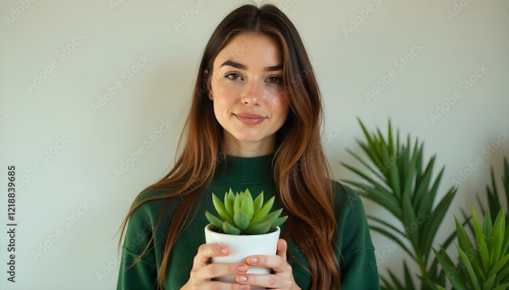 A young Caucasian woman long brown hair wearing a green sweater, standing in front of a white wall A young Caucasian woman long brown hair wearing a green sweater, standing in front of a white wall