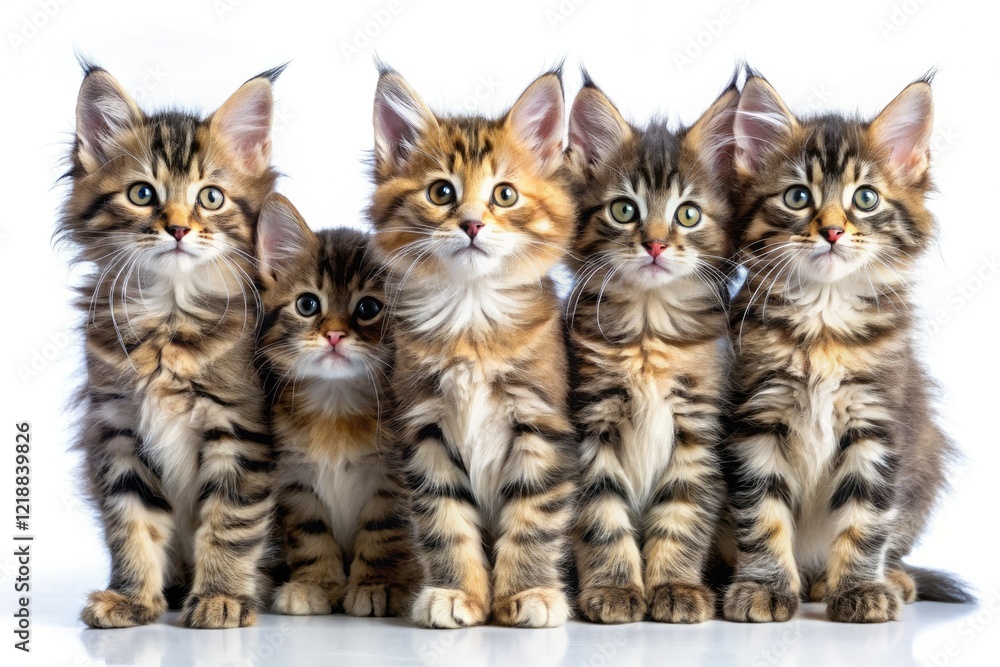 Fluffy five-week-old Maine Coon kittens in a charming double exposure portrait against a white backdrop. Fluffy five-week-old Maine Coon kittens in a charming double exposure portrait against a white backdrop.
