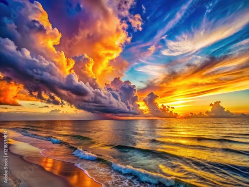 Florida's Panama City Beach sunset blazes: vibrant Gulf clouds paint a colorful evening sky.