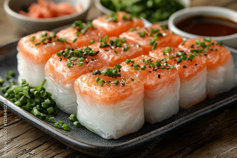 Gourmet Salmon Sushi Rolls with Chives for a Luxurious Japanese Dining Experience Gourmet Salmon Sushi Rolls with Chives for a Luxurious Japanese Dining Experience