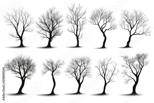 Unique silhouettes of bare trees arranged in a creative composition during winter
