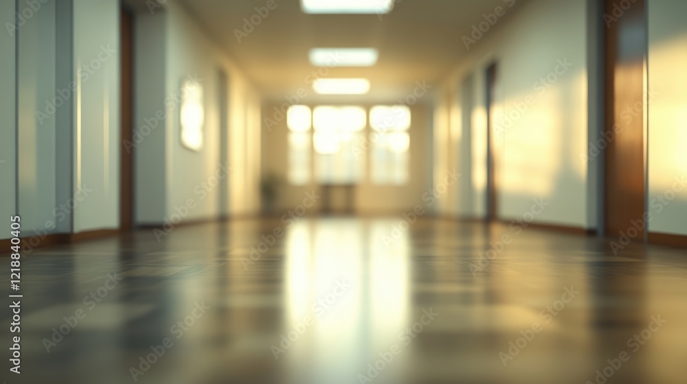 Fototapeta premium Bright and Airy Interior of an Unoccupied Office Space with Soft Lighting and a Blurred Perspective (Interior Design Concept)
