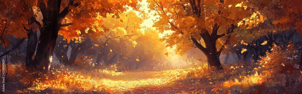 Golden Autumn Path Through a Leaf Strewn Forest