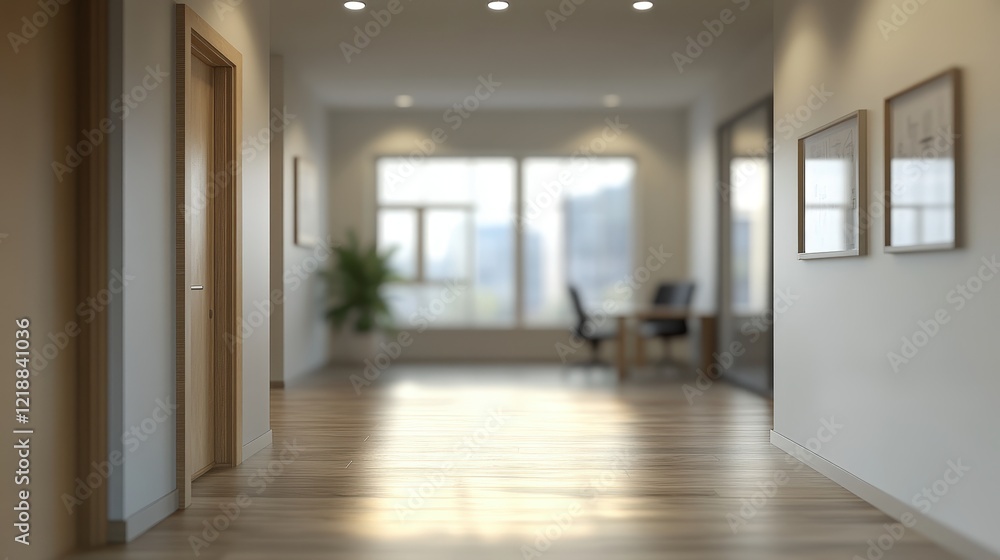 Obraz premium Modern Empty Office Interior With Blurred Background and Warm Lighting, Capturing a Minimalist Design Aesthetic Perfect for Professional Use