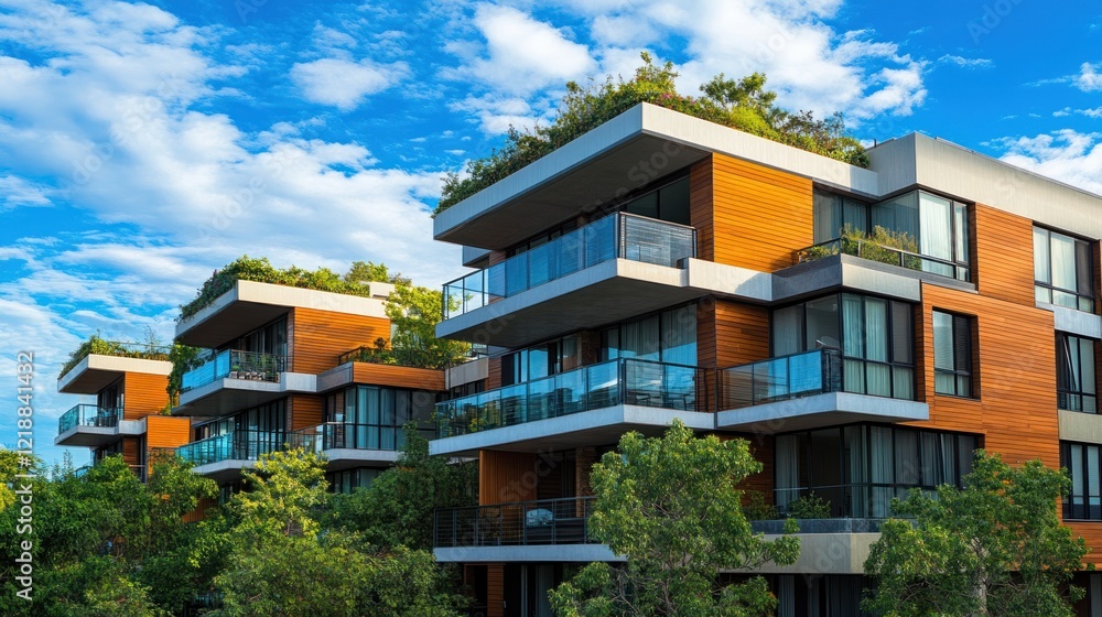Obraz premium Modern Eco-Friendly Apartment Complex with Rooftop Gardens under Blue Sky