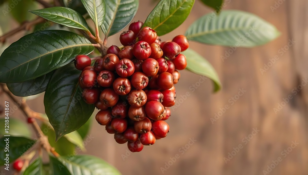 Obraz premium A close-up view of a cluster of red berries with green leaves against a blurred brown background
