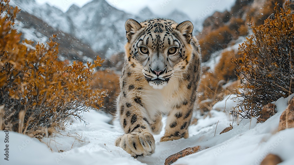 Obraz premium Snow leopard stalking in snowy mountains. Wildlife documentary image