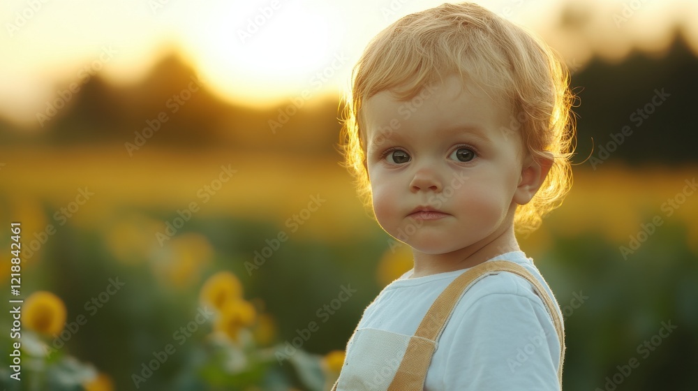 A serene toddler stands in a sunflower field, bathed in golden sunlight, embodying innocence and joy. A serene toddler stands in a sunflower field, bathed in golden sunlight, embodying innocence and joy.