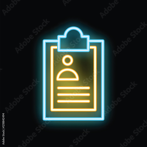 Bright neon icon of a cv with candidate's photo on a clipboard representing job hunting