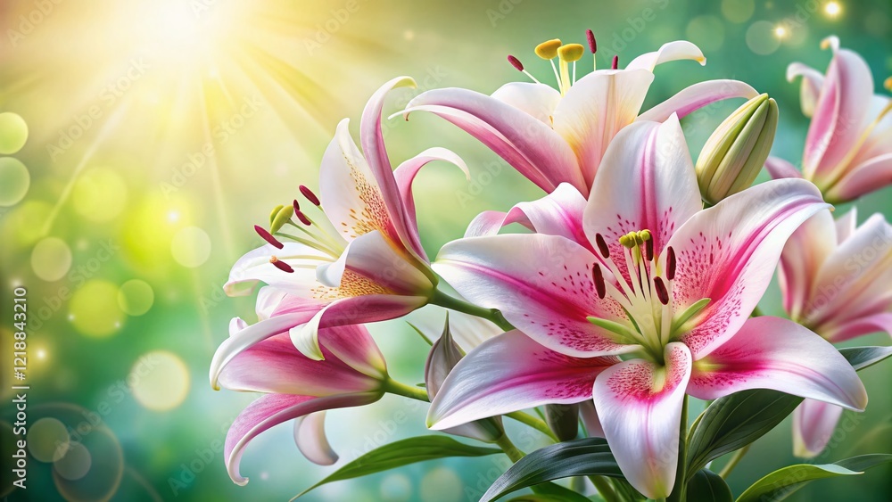 Fototapeta premium Beautiful White and Pink Lily Close-up, Floral Background, Copy Space