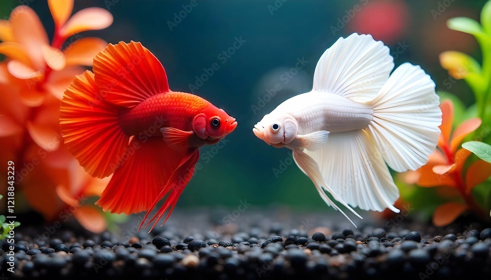 Obraz premium Red and white betta fish facing off in a tank, surrounded by smooth pebbles and clear water