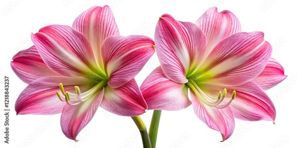 Fototapeta premium High-resolution aerial shot: vibrant pink amaryllis blossoms against a pure white backdrop.