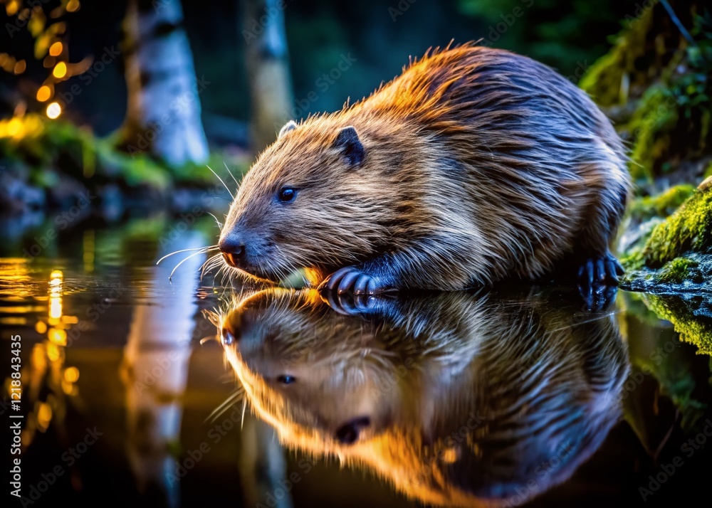 Beaver at Stream - Night Wildlife Photography