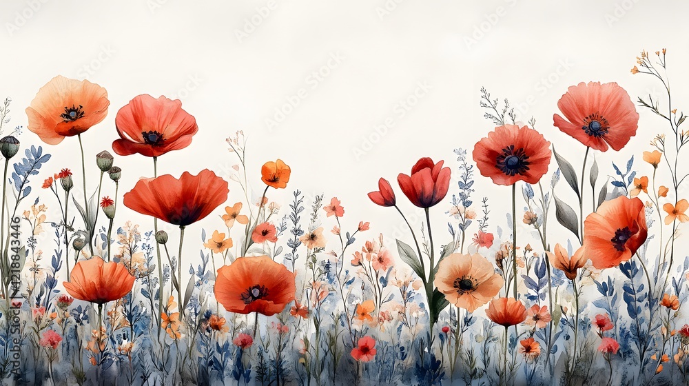 Obraz premium Wildflower watercolor arrangement, vibrant poppies and tulips, delicate meadow herbs, blank area for text, artistic floral style, 3d rendering