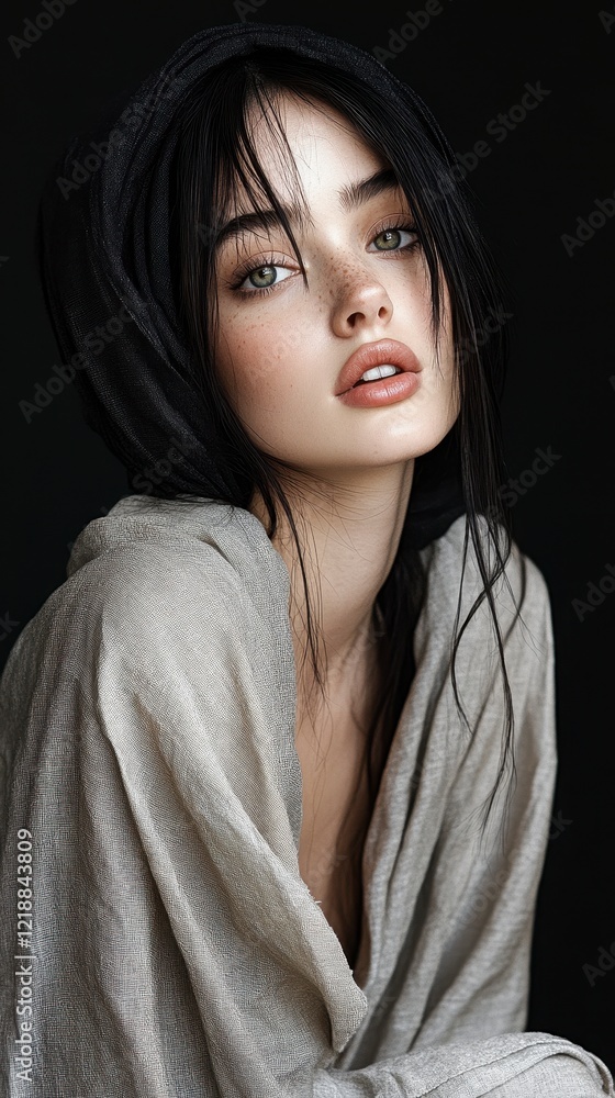 Fototapeta premium Mysterious and alluring portrait of a young woman with dark braids, freckles, and a textured garment against a dark background.