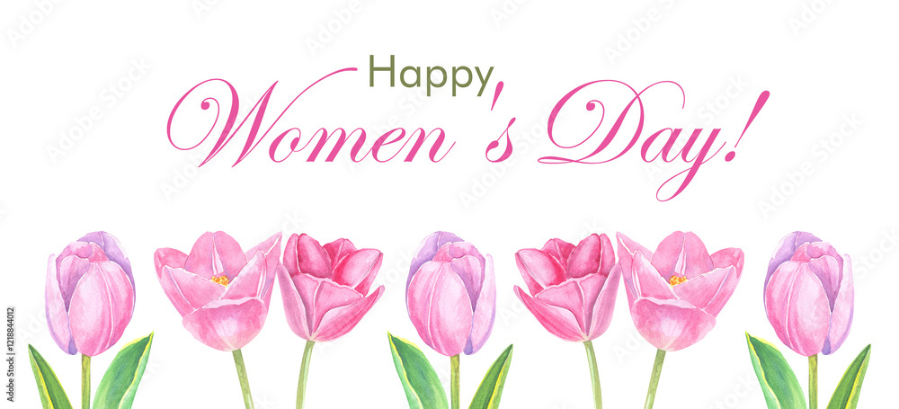Happy International Women's Day greeting with hand-drawn watercolor tulip. Minimalistic hand-drawn tulip illustration with text greeting. Happy International Women's Day greeting with hand-drawn watercolor tulip. Minimalistic hand-drawn tulip illustration with text greeting.