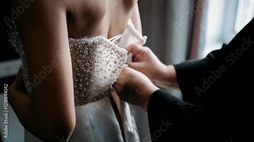 the bride fastens the corset on her wedding dress